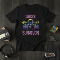 1980's Survivor t-shirt design with retro arcade game, palm trees, and neon sunset