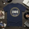 Navy blue t-shirt with "1989 Established Year of Legends" text in a circular retro design with stars and yellow trim