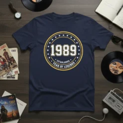 Navy blue t-shirt with "1989 Established Year of Legends" text in a circular retro design with stars and yellow trim