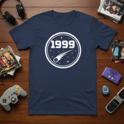 Navy blue t-shirt with white 1999 text and comet graphic in a circle, 1999 space design
