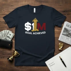 $1M Goal Achieved text with dollar sign, stack of coins, and arrow graphic on a dark t-shirt