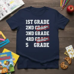 T-shirt with white text listing grades: 1st Grade Nailed It!, 2nd Grade Nailed It!, 3rd Grade, 4th Grade, 5th Grade