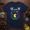1UP HIGH SCORE READY! text with Pac-Man style maze and ghosts on a navy t-shirt