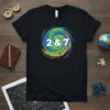 Black t-shirt with a swirling abstract design in blue, green, and yellow, featuring the numbers "2 & 7" in white