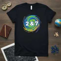 Black t-shirt with a swirling abstract design in blue, green, and yellow, featuring the numbers "2 & 7" in white