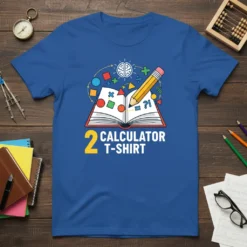 Blue t-shirt with "2 CALCULATOR T-SHIRT" text, open book, pencil, brain, and math symbols graphic