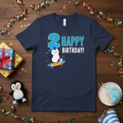 2 Happy Birthday Penguin Skateboard T-Shirt bold graphic design printed on comfortable cotton t-shirt