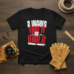 Black t-shirt with bold white and red text "2 INCHES TAKE IT OR LEAVE IT" and a measuring tape graphic