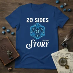 20 Sides To Every Story T-Shirt featuring a glowing blue D20 die and fantasy quote, ideal for tabletop RPG players