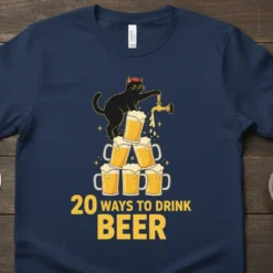 20 Ways to Drink Beer t-shirt with a black cat pouring beer from a tap onto a stack of mugs