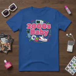 2000s Baby t-shirt featuring pink text and colorful 2000s era graphics like a flip phone and CD
