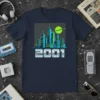 2001 t-shirt with a retro futuristic cityscape graphic in blue and green neon colors against a dark background