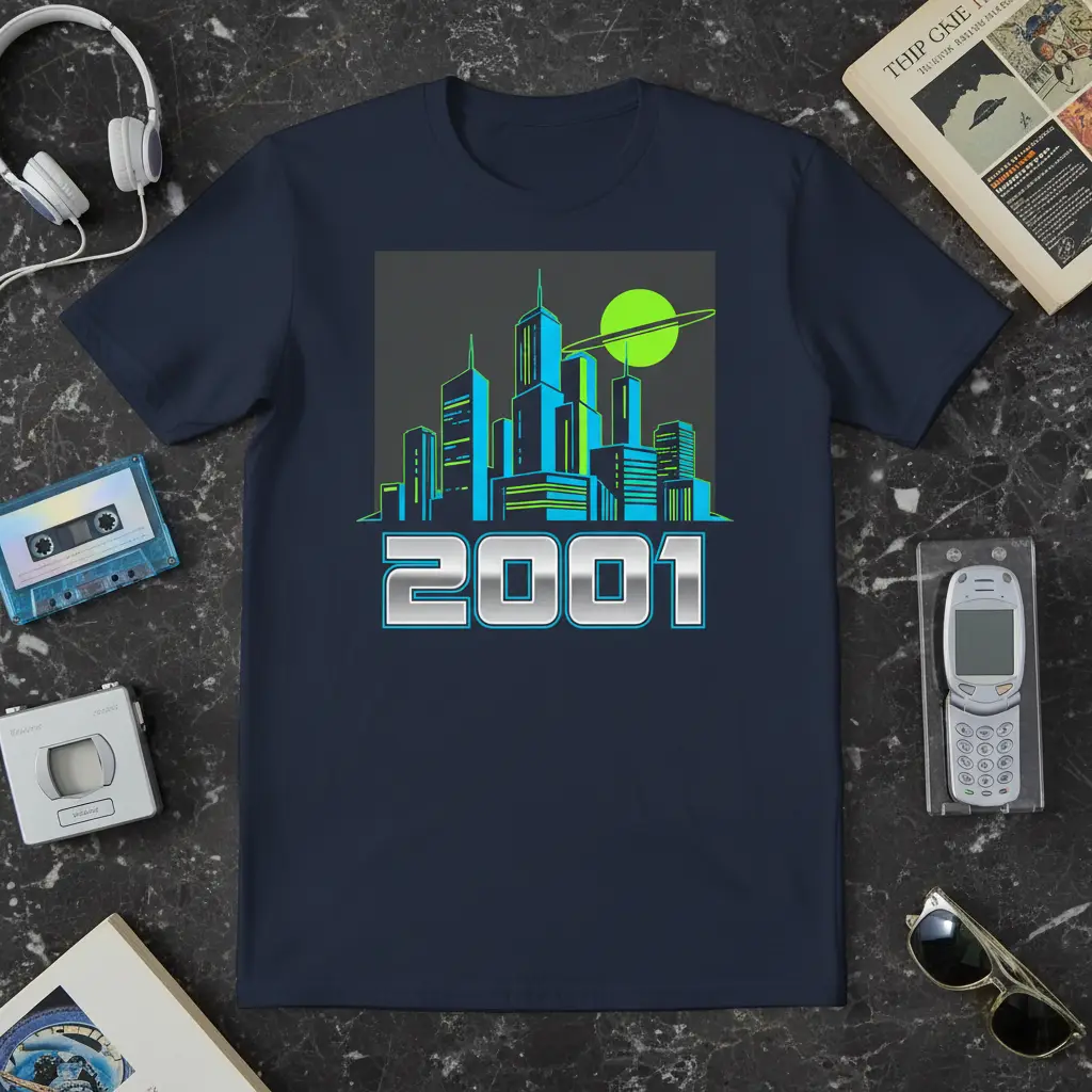 2001 design with a retro futuristic cityscape graphic featuring neon blue and green skyscrapers and a distant planet