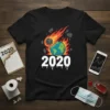 Black t-shirt with "2020" text, featuring a graphic of the Earth on fire with a meteor impact