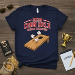 2020 Corn Hole World Champion text with graphic of cornhole board and baseballs on a navy t-shirt