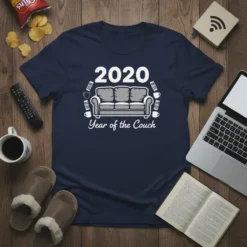 Navy t-shirt with white text "2020 Year of the Couch" and graphic of a sofa surrounded by remotes and coffee