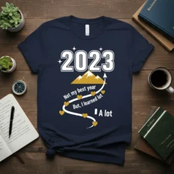 Navy blue t-shirt with white and gold text "2023 Not my best year But, I learned lot A lot" and