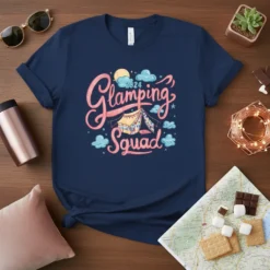 2024 Glamping Squad text with a tent graphic, moon, and clouds on a navy t-shirt