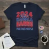 Navy blue t-shirt with "2024 Kamala Harris For The People" in red and white lettering and patriotic graphics