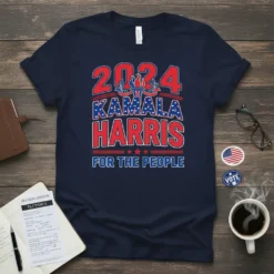 Navy blue t-shirt with "2024 Kamala Harris For The People" in red and white lettering and patriotic graphics
