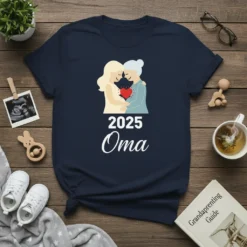 2025 Oma t-shirt design showing a pregnant woman and an older woman embracing with a heart, announcing future grandmother status
