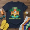 2025 Spring Break t-shirt design with a skeleton in a hammock, palm trees, a rubber duck, and beach scene