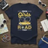 2026 Girls ROAD TRIP text with a yellow convertible and road graphic on a navy t-shirt