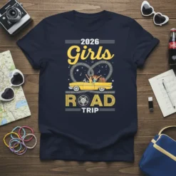 2026 Girls ROAD TRIP text with a yellow convertible and road graphic on a navy t-shirt