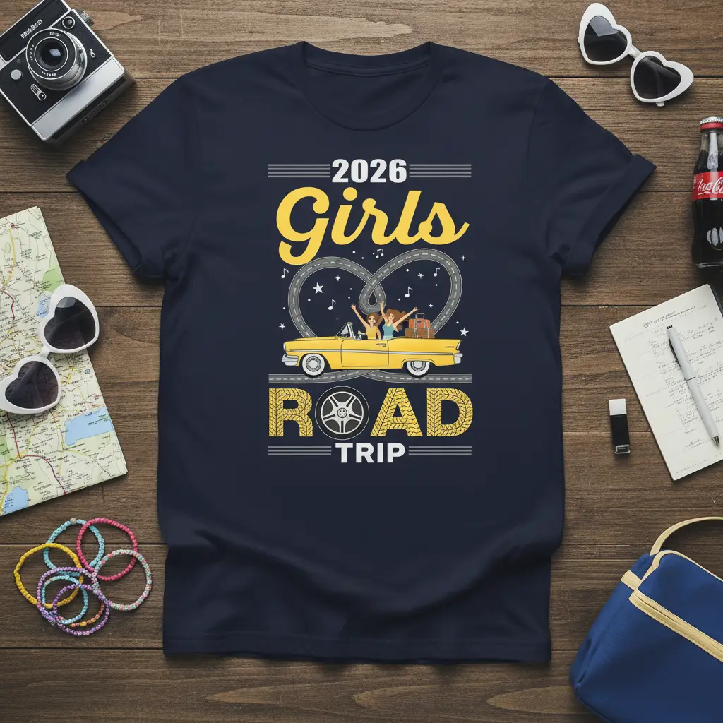 2026 Girls ROAD TRIP text design with a classic yellow convertible and infinity road graphic