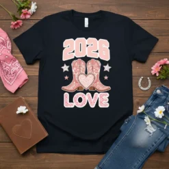 2026 LOVE text with pink cowboy boots and heart graphic on a black t-shirt