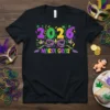 2026 Mardi Gras t-shirt design with purple, green, and yellow numbers and festive bow graphic