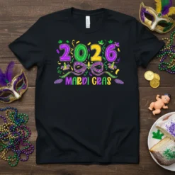 2026 Mardi Gras t-shirt design with purple, green, and yellow numbers and festive bow graphic