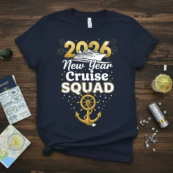 2026 New Year Cruise SQUAD text with ship and anchor graphic on navy t-shirt