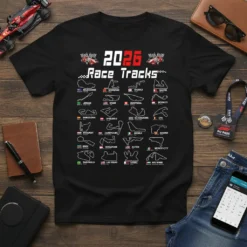 2026 Race Tracks t-shirt design featuring a collage of Formula 1 circuit maps and checkered flags