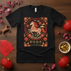 2026 Year of the Horse Chinese New Year Celebration T-Shirt with a white horse in a circular design, surrounded by