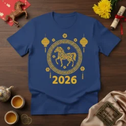 2026 Year of the Horse t-shirt with gold horse graphic, lanterns, and floral accents