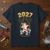 2027 Happy New Year Unicorn Dab T-Shirt with festive fireworks and balloon numbers