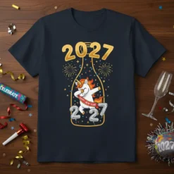 2027 Happy New Year Unicorn Dab T-Shirt with festive fireworks and balloon numbers