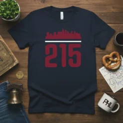 Dark navy t-shirt with bold red "215" number and a red and white Philadelphia skyline graphic above it