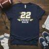 Navy t-shirt with bold white and yellow "22 FRONT BACK" athletic number design