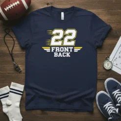 Navy t-shirt with bold white and yellow "22 FRONT BACK" athletic number design