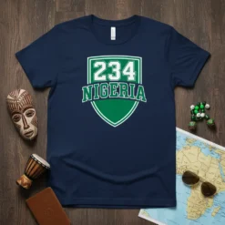 Navy blue t-shirt with white and green "234 Nigeria" shield design, representing the Nigerian country code