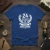 24 Years Of Being Awesome birthday t-shirt with laurel wreath design. Text reads "24 Years Of Being Awesome" in white