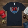 247 Trump T-Shirt featuring bold red and blue text with wings and a shield emblem
