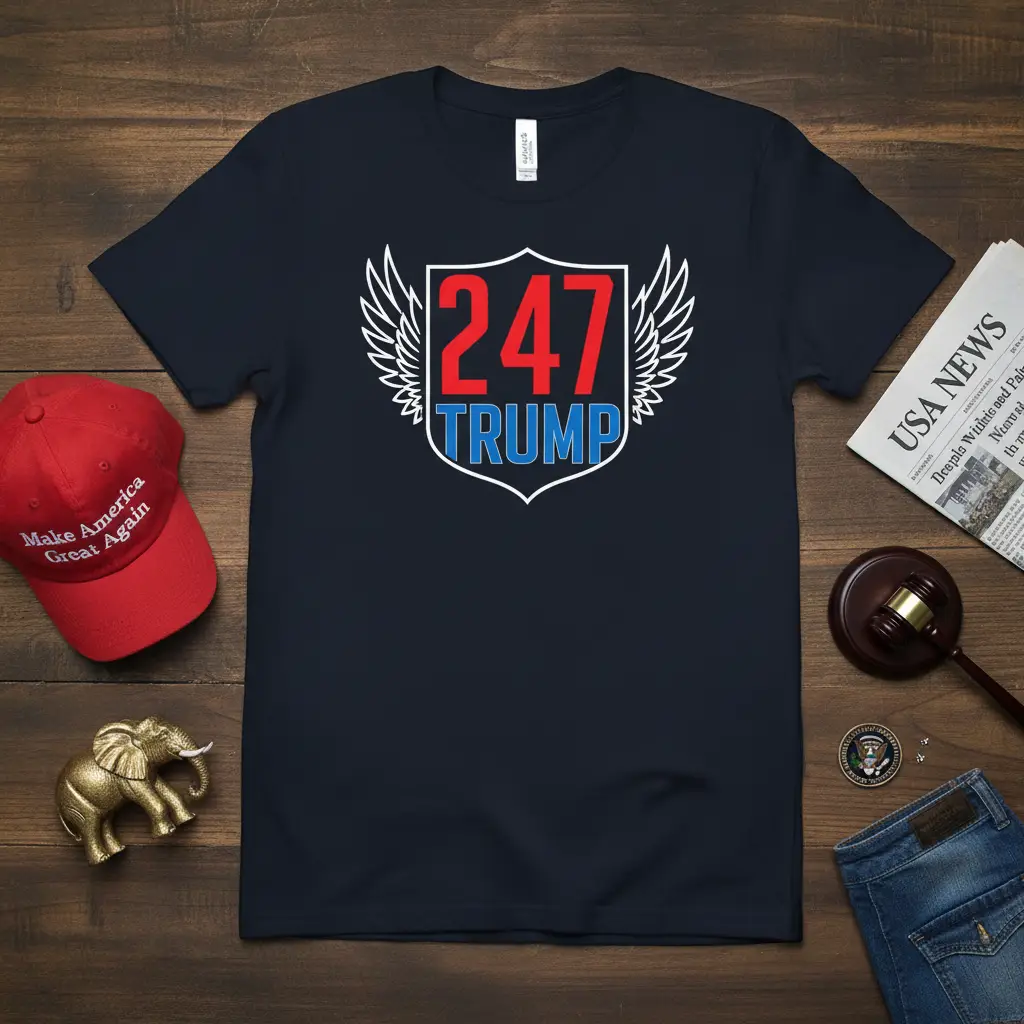 247 Trump political t-shirt design with shield emblem and wings graphic