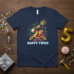 25 So I'm Happy Twice birthday t-shirt design featuring a champagne bottle popping with "25" and celebratory stars