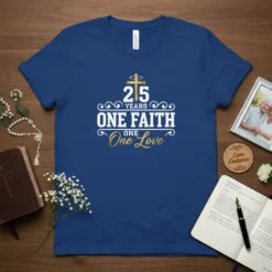 Navy blue t-shirt with gold and white text reading "25 Years One Faith One Love" and a golden cross graphic