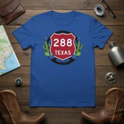 Red and white 288 Texas highway route sign graphic with cactus and bluebonnets on a royal blue t-shirt