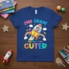 2nd Grade Just Got A Lot Cuter t-shirt with a cartoon child in a rocket ship flying through a rainbow