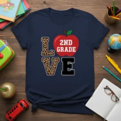 Navy t-shirt with "2ND GRADE LOVE" design featuring a red apple and leopard print letters L and V